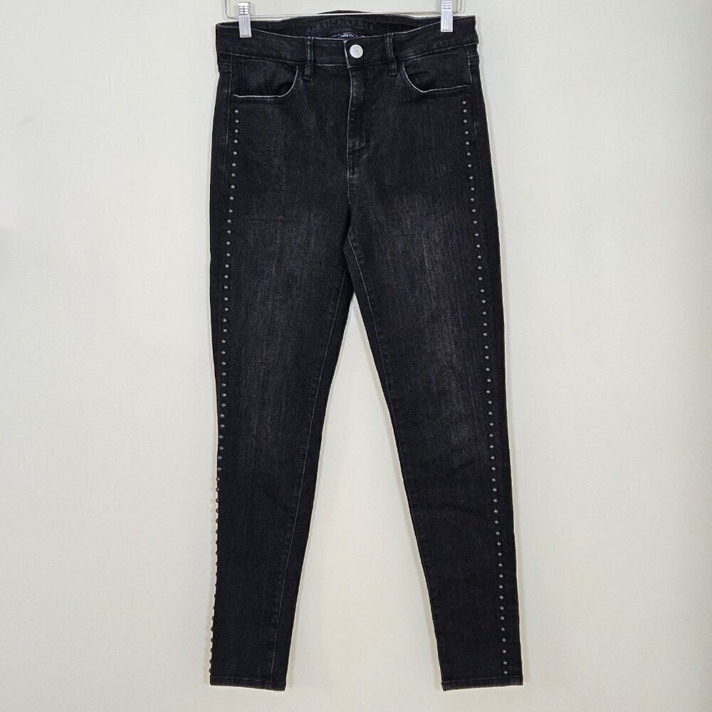 American Eagle Jean Womens US 8 Black High Rise Jeggings Stretch Studs Punk Goth - Picture 15 of 16
